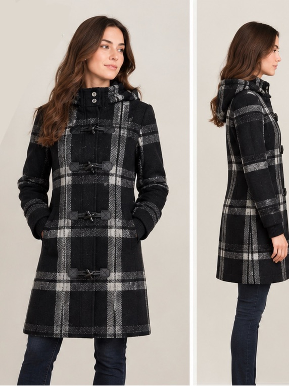 Women's Black & Gray& White Plaid Wool Hooded Toggle Coat